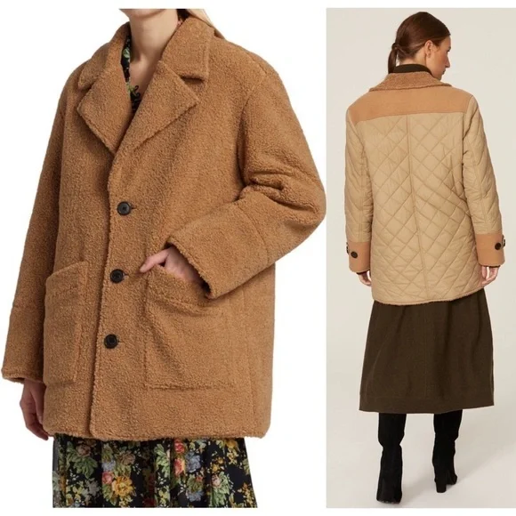 DEREK LAM 70s Reversible Wool Blend Quilted Faux Shearling Oversized Barn Coat 6 - Picture 5 of 17